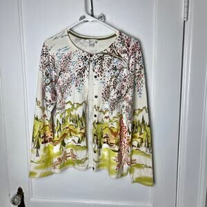 Christopher & Banks Women's Cotton Grannycore Mountain Scene Cardigan Sweater M